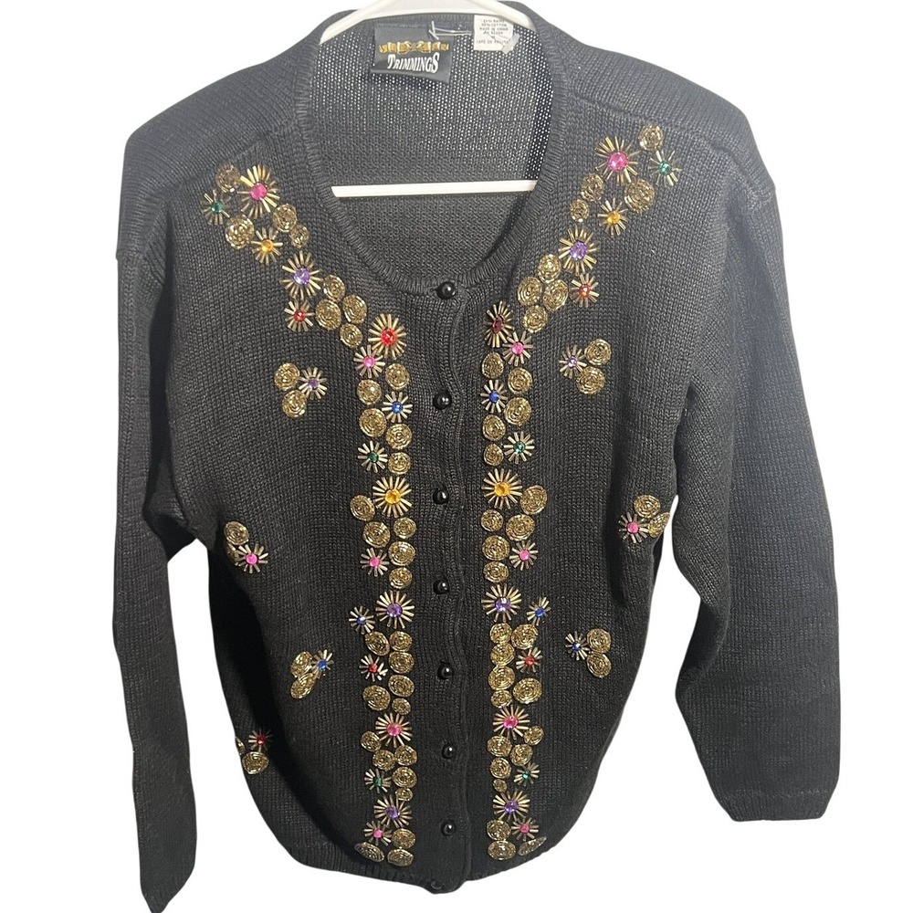 Vintage TRIMMINGS Black Beaded Embellished Cardigan Sweater Women's Size M Ramie